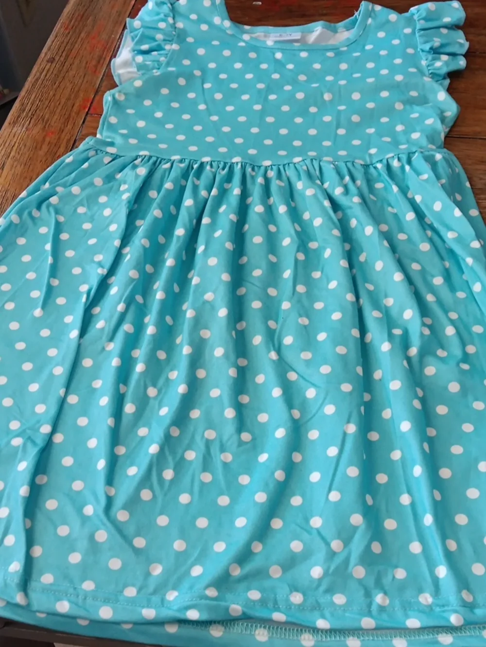 Girls' Aqua Polka Dot Dress with Ruffle Sleeves